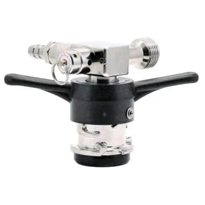 FT44T: Black wing handle keg coupler, low profile, Sankey D probe, with 3/8" barb and 29/32-14 beer thread.