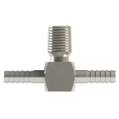 7185: 3/8 Barb Tee with 1/4 MPT, Stainless Steel