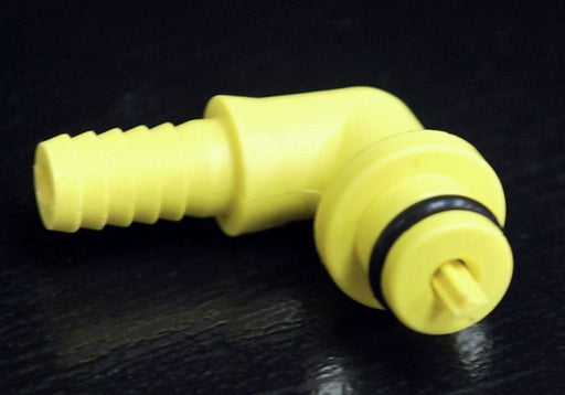 94-178-16: Shurflo 1/4 Barb Elbow CO2 Shut-Off Fitting with Check Valve-Yellow Plastic