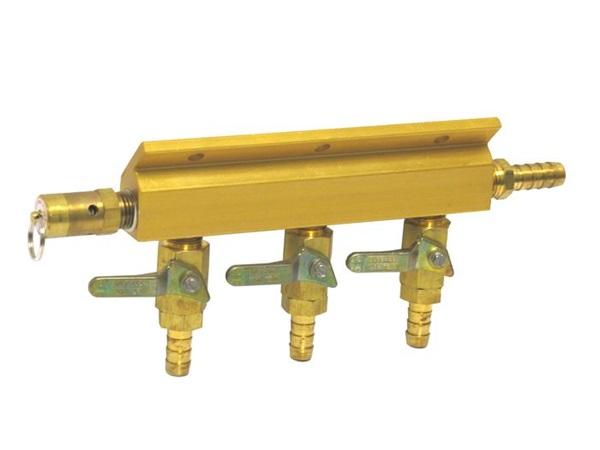1743S : 3-Way Manifold with Manual Safety, 3/8" Barb Inlet, (3) 5/16" Barb Shut-offs