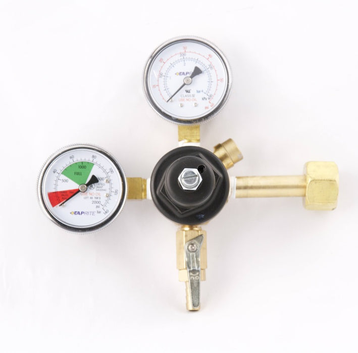 3741-BR: Primary Beer Regulator 1P1P, CGA320 Inlet, 5/16"Barb Shutoff w/Check, 60lb and 2000lb Gauges