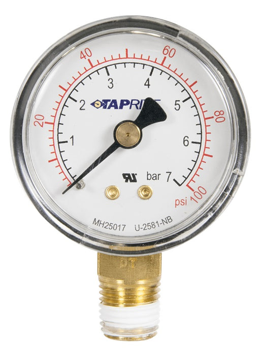 39-0100-50: Pressure Gauge, 0-100 PSI, 1/4" NPT Bottom Inlet, Right Hand Threads