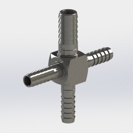 7019: 1/4" BARB CROSS W/(1) 3/8" BARB
