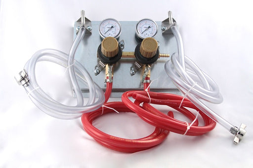 T1672STWMK-01:  2P (Pressures) x 2P (Products), 60lb Gauge, 5/16" Barb Inlet, 5/16" Barb Shutoff, 8 1/2" x 11" Panel with 2 Beer Y's, Gold Cap