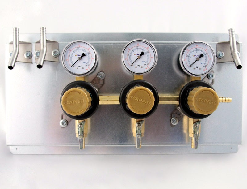 T1683STWMK:  Secondary Beer Regulator, 3P3P, Mounted on 8 1/2" x 16" Panel, w/3 Beer Y's, 5/16" Barb Inlet, 5/16" Barb Shut-offs, 60lb Gauges